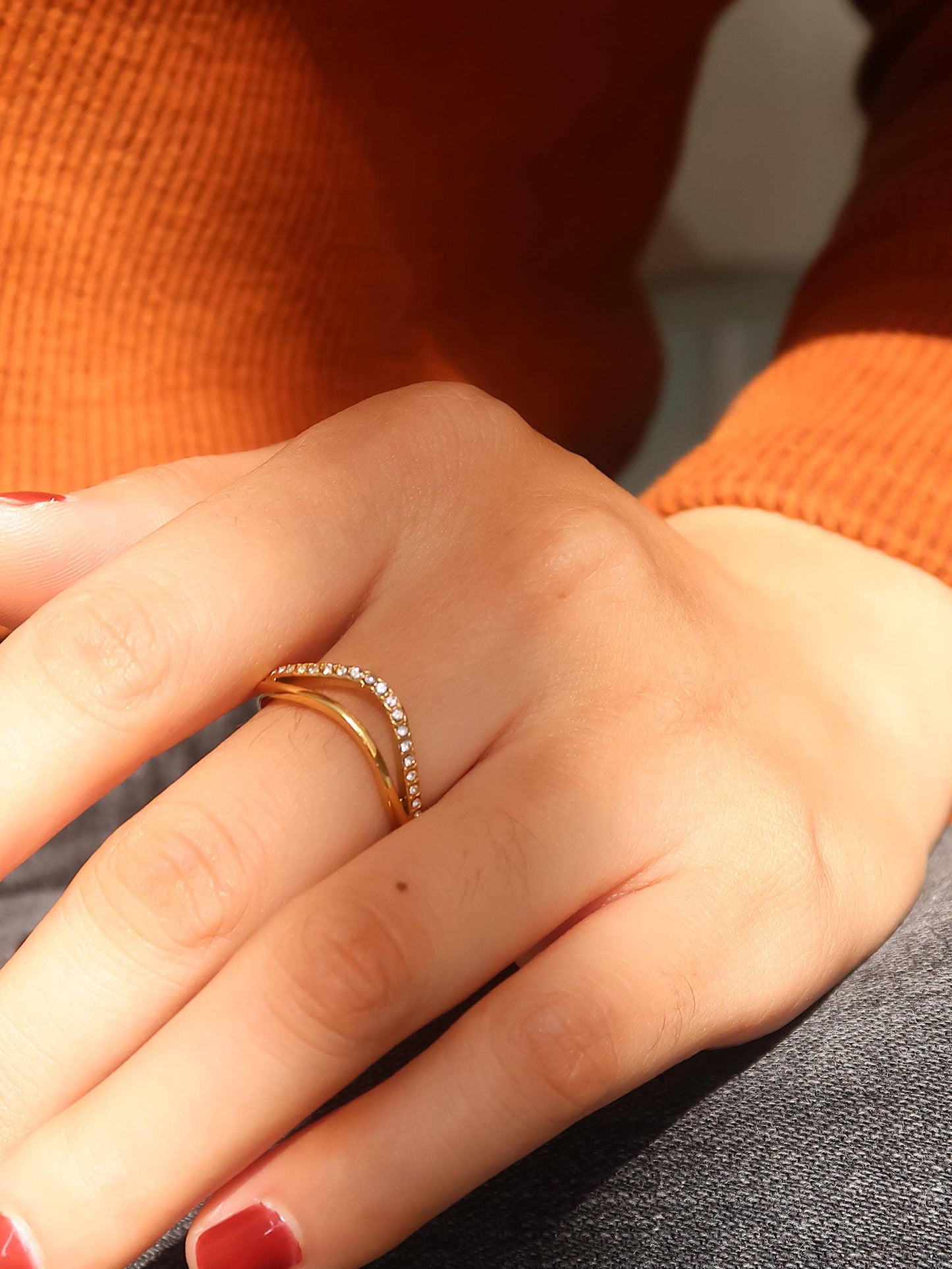 Orleans 18K Gold Non-Tarnish Layered V Rhinestone Ring