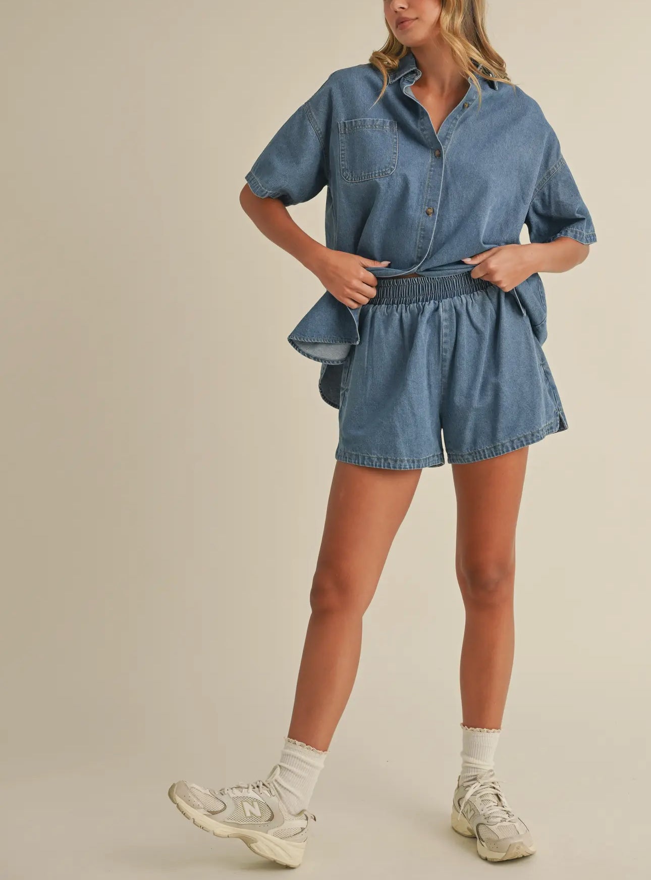 Oversized denim top and matching shorts set