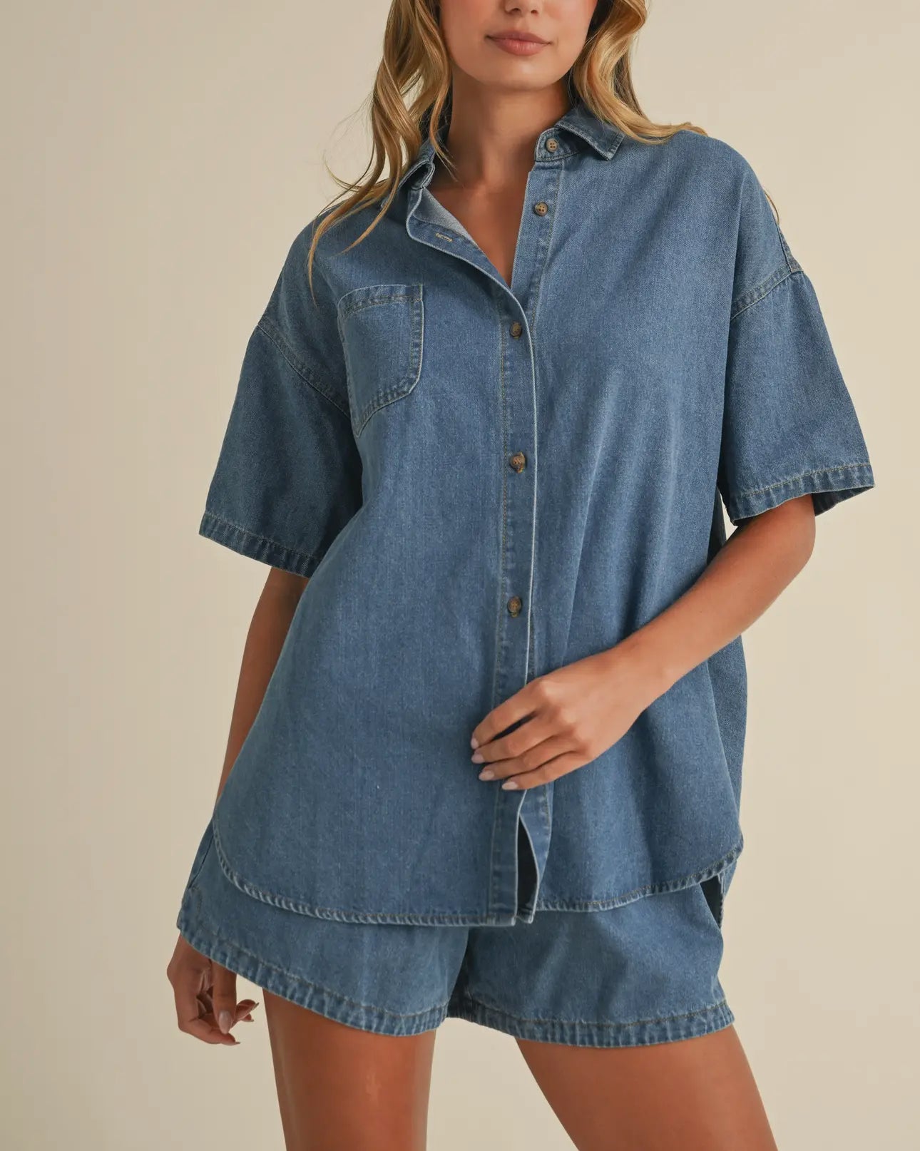 Oversized denim top and matching shorts set