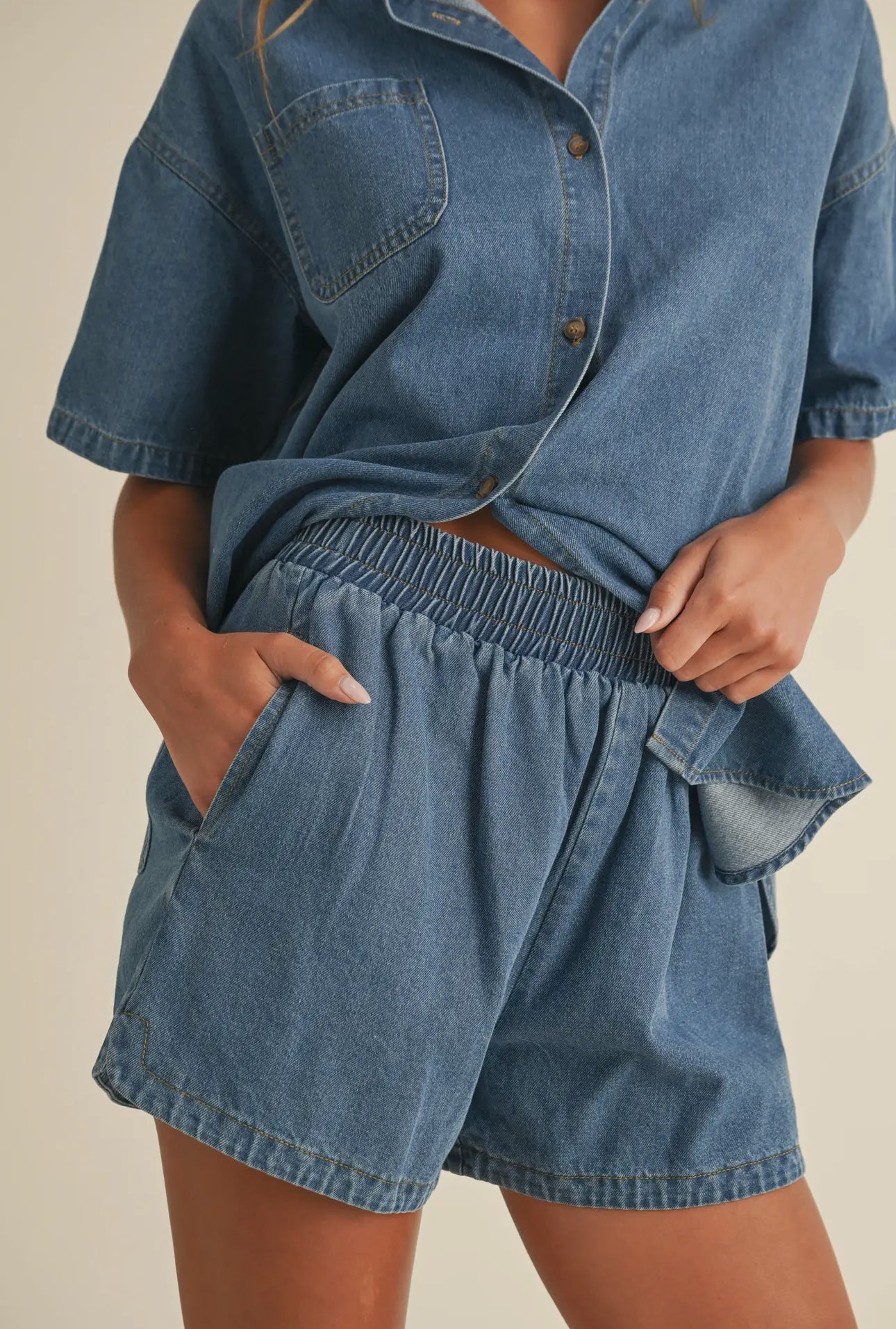 Oversized denim top and matching shorts set